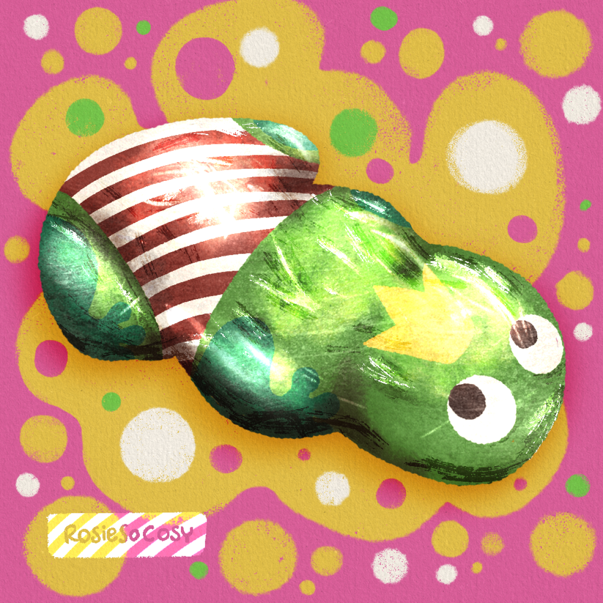 Illustration of a chocolate covered sugar frog candy, with green aluminium foil around it. Froggy is wearing a white and red striped bikini bottom, and a yellow crown.