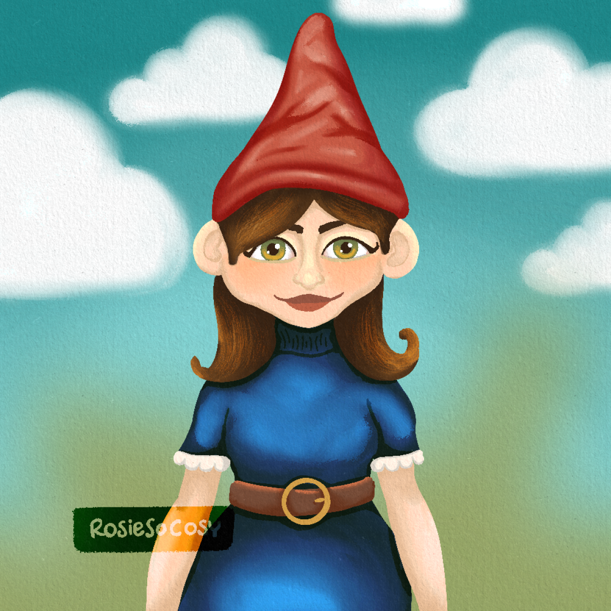 Illustration of a female gnome wearing a blue dress and a red pointy hat. In the background is some (blurry) greenery and a teal coloured sky, with white puffy clouds.