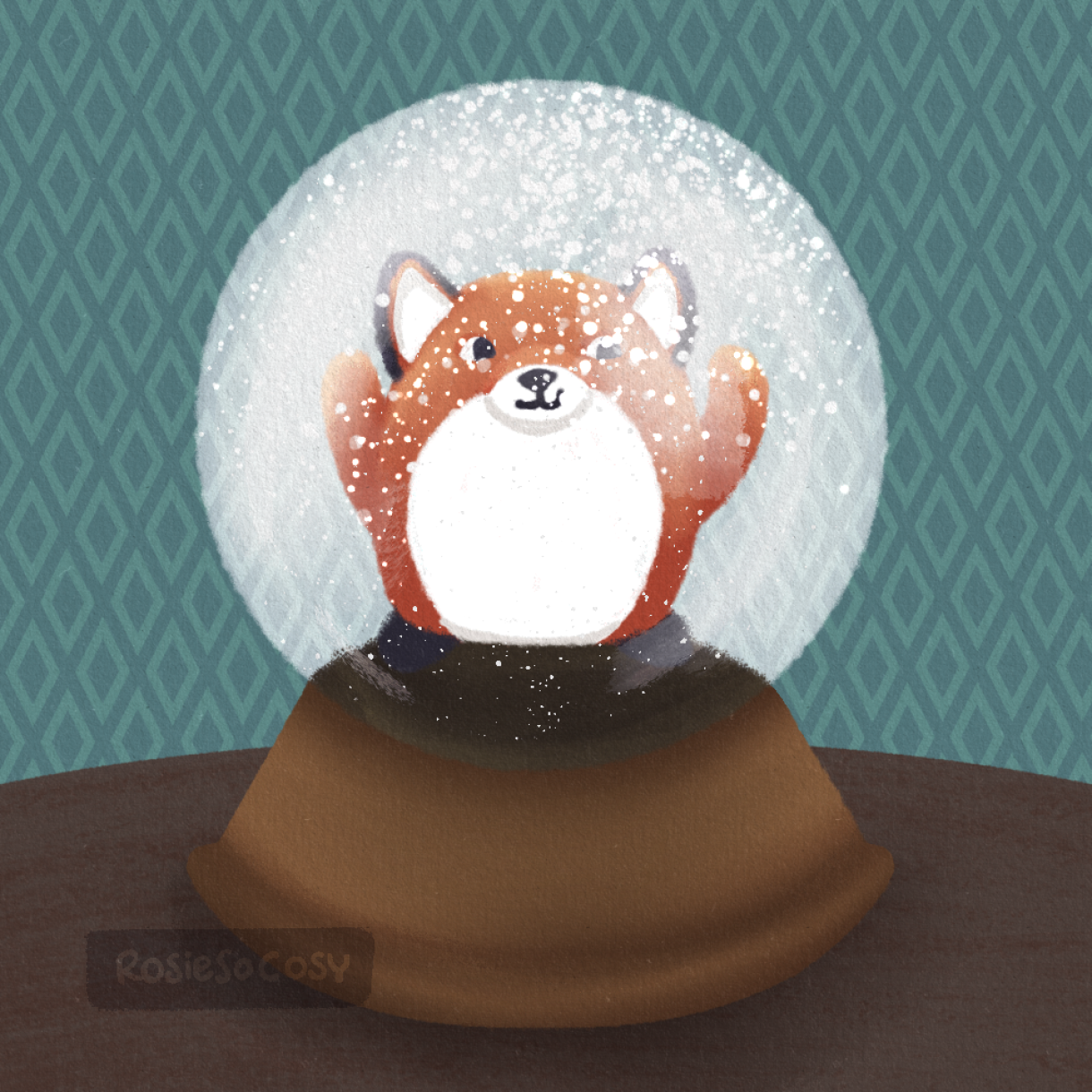 An illustration of a snowglobe with an orange chonky fox figurine, with his arms up.