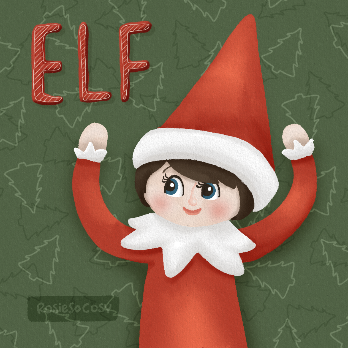 An illustration of a Christmas elf. Likes the ones from Elf on a Shelf. The elf is wearing a red and white outfit. Elf has light skin, and has kind, blue eyes and brown hair.
