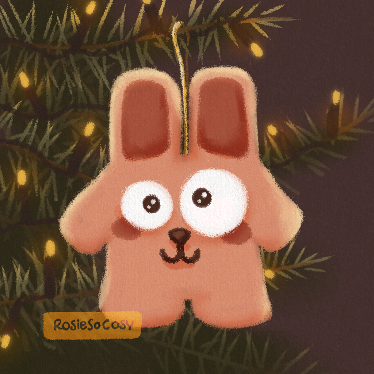 Illustration of a Freezer Bunny ornament in a Christmas tree. It is a pink bunny with wonky eyes. It’s surrounded by yellow twinkling lights.