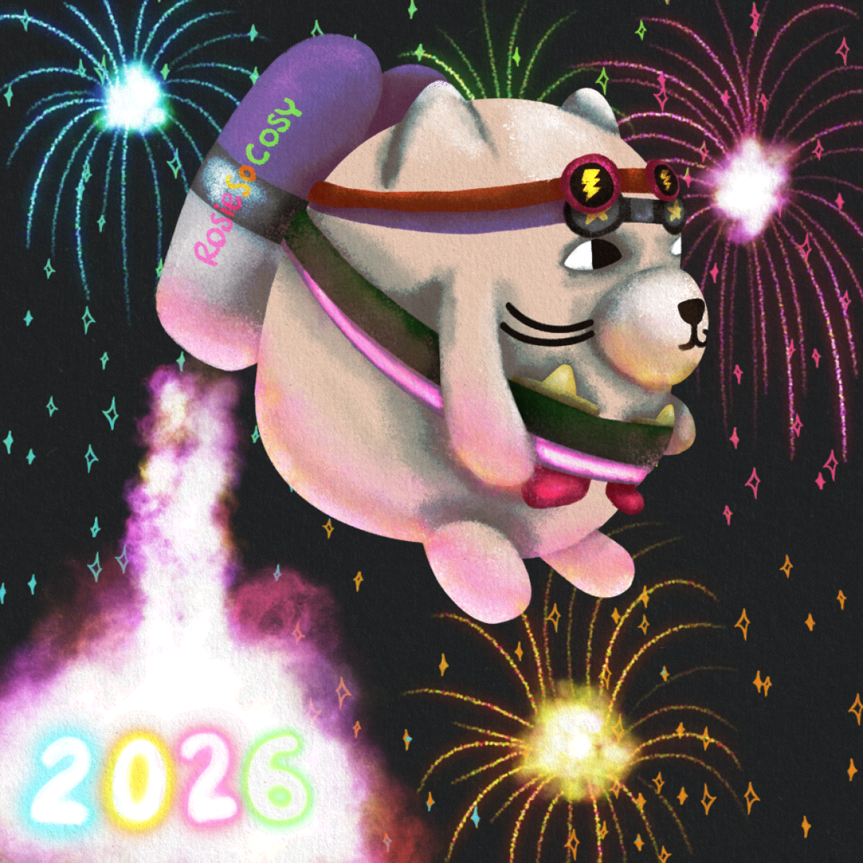 Illustration of a Chonky Cat flying through the sky amidst the fireworks. Chonky Cat is wearing a jetpack and wants to wish everyone a Happy New Year!