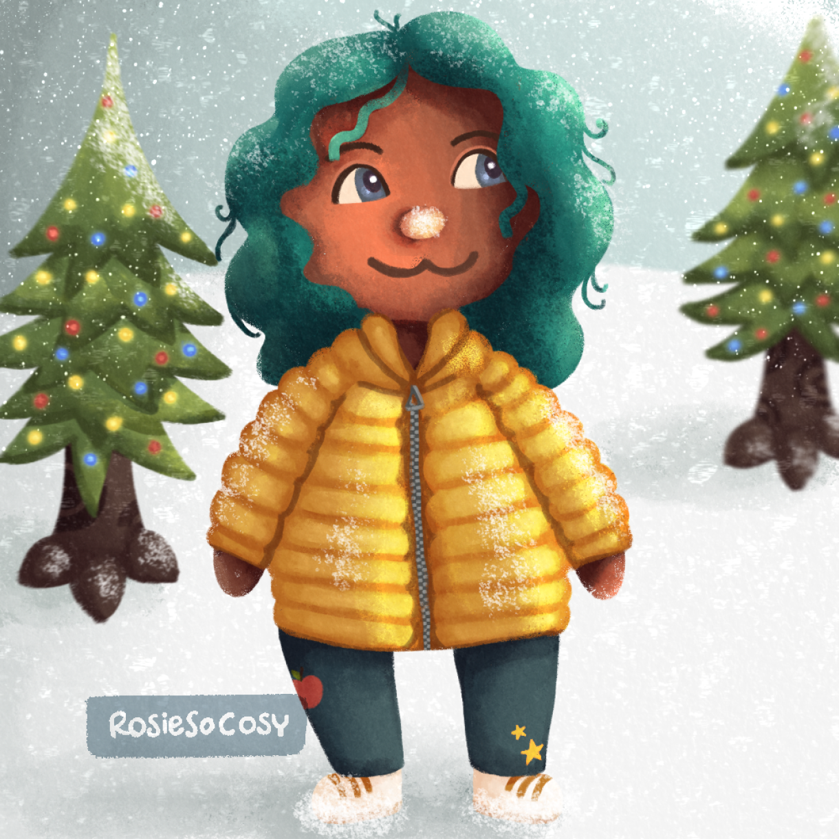 Illustration of a character in Animal Crossing style. She has dark skin, turquoise hair and grey eyes. She is walking in a snowy landscape with festive cedar trees around her. She is sporting a ochre yellow puffy down jacket, dark blue jeans with iron-on patches; an apple on her right leg, two stars on her left leg. She has very white sneakers with ochre Adidas style stripes. Her hair and nose are covered in snow.