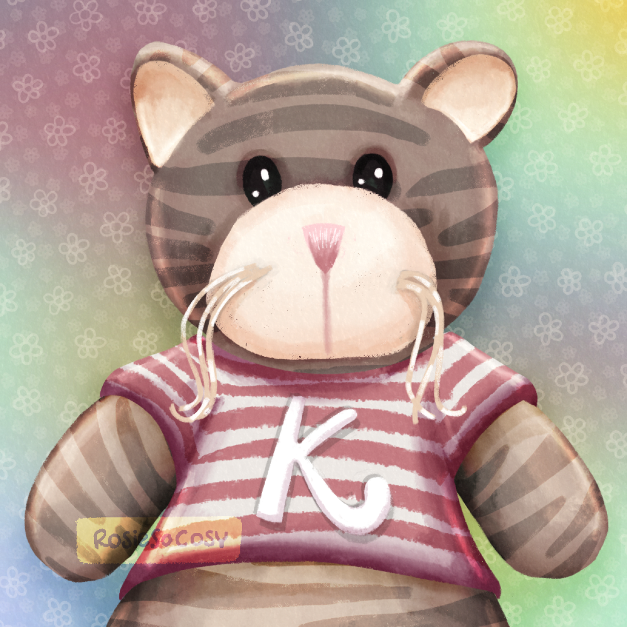 Illustration of a grey striped cat wearing a pink and white striped t-shirt with a big white K printed on it. Her name is Kalgrish.