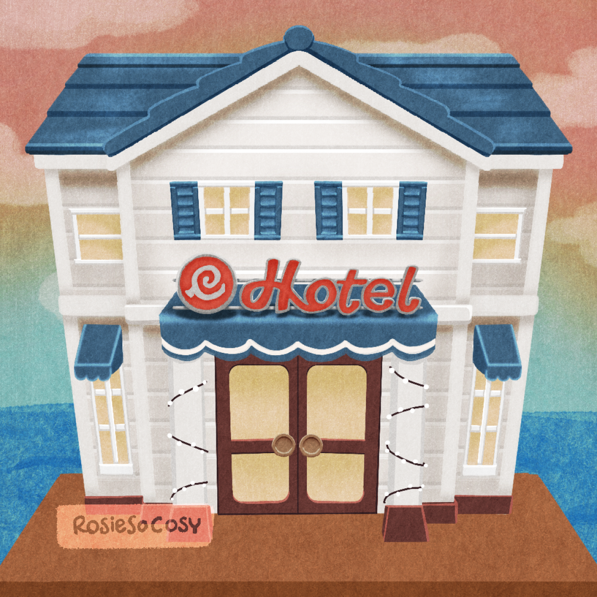 An illustration of the new hotel in Animal Crossing: New Horizons, specifically from the 3.0 update.