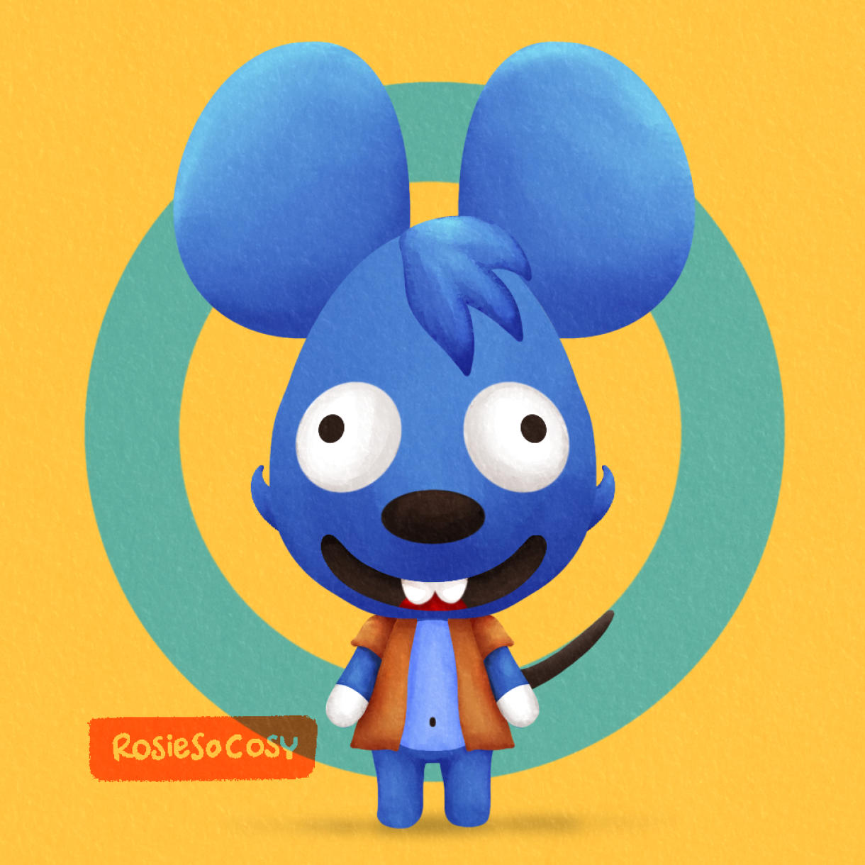 An illustration of the blue Itchy mouse character from The Simpsons, but in Animal Crossing style.