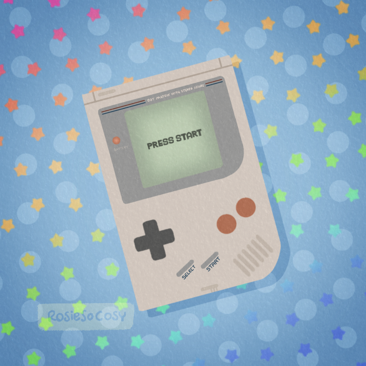 An illustration of an original 1989 Nintendo GameBoy. On the screen it says "press start"