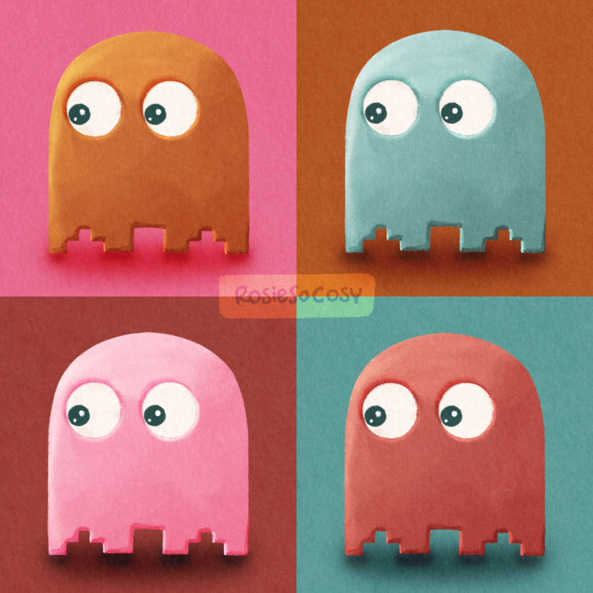Illustration of 4 coloured ghosts from Pac-man. From top left to bottom right; orange ghost, blue ghost, pink ghost, red ghost.