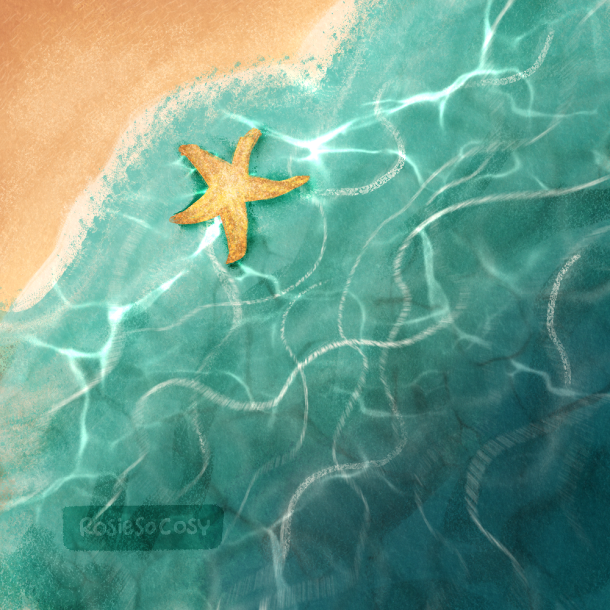 Illustration of a little bit of beach with a bit more sea. The sea turns from white foam into aqua, then into teal. There's a sea star in the water.