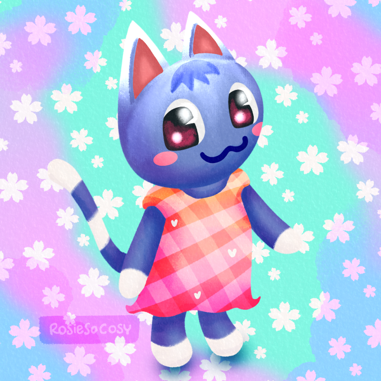 Illustration of Rosie, a cat villager from the Animal Crossing video game series. Rosie is a periwinkle peppy cat, she's wearing a pink gingham dress and she's surrounded by lots of cherry blossom leaves.