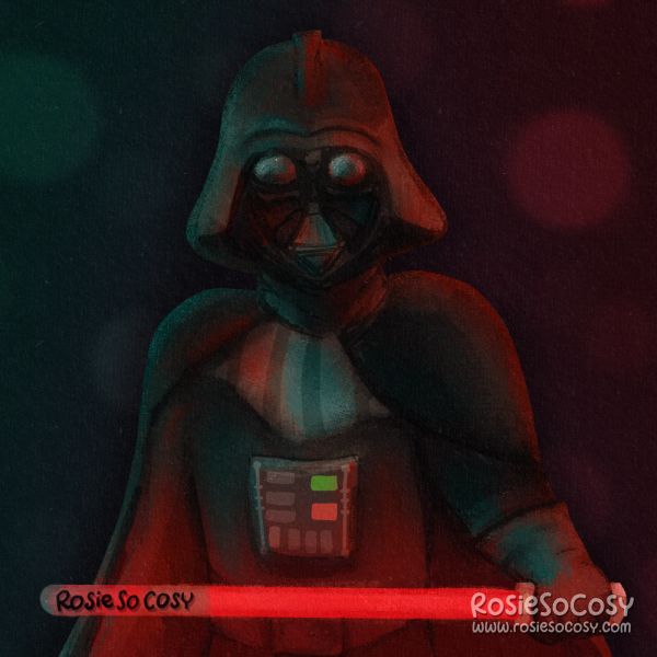 An illustration of Darth Vader from Star Wars, in a threatening pose, holding a red lightsaber.
