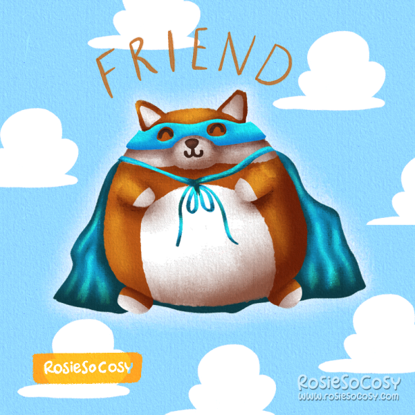 Illustration of an hero fox wearing a blue cape and mask, in the background a sky blue wallpaper with white puffy clouds like in the Toy Story movies.