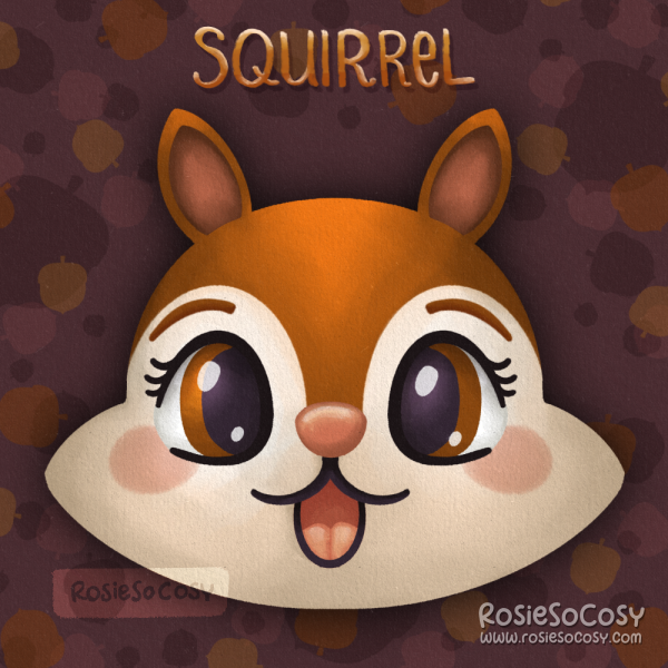 An illustration of a VERY cute squirrel, surrounded by lots of acorns.