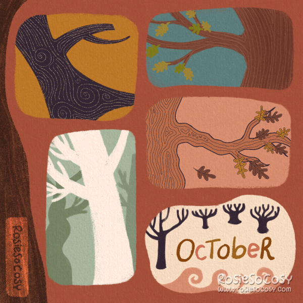 An illustration of several treescapes, all in a 50s and 60s art style.