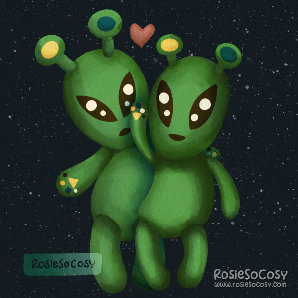Illustration of two green AFTONSPARV aliens in space. They are in love. The tall alien is holding the shorter alien, and the shorter alien is caressing the face of the taller alien.