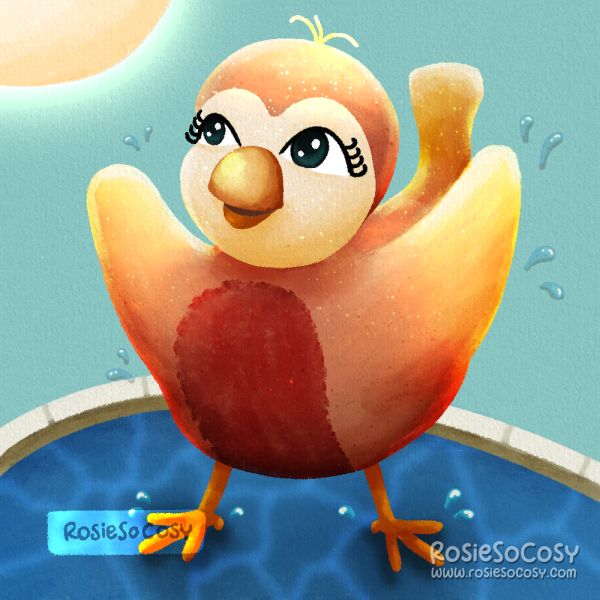 Illustration of an orange bird on a bird bath, playing and splashing in the sun.