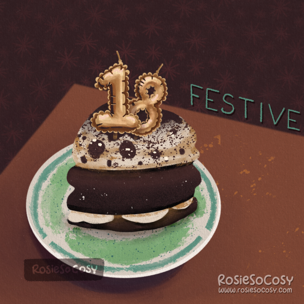 Illustration of a slice of cookies and cream cake, decorated with two birthday candles. Both are gold and look like tiny foil balloons. The number on the cake is 18.