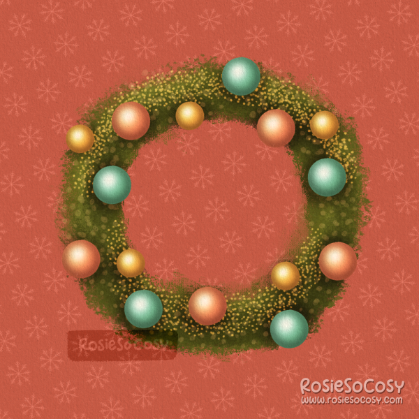 An illustration of a green Christmas wreath with coral, yellow, and aqua Christmas baubles, on a red background with snowflakes.