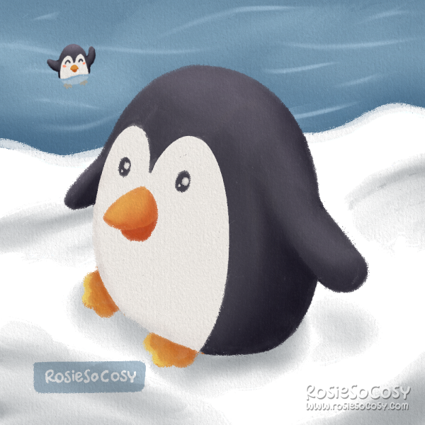 Illustration of a chonky black and white penguin. He is waddling around on snow. In the distance is a penguin friend, smiling and waving in the water.
