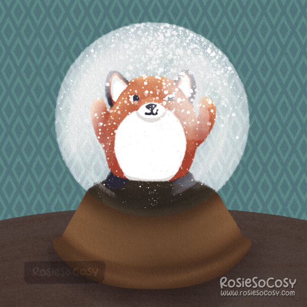 An illustration of a snowglobe with an orange chonky fox figurine, with his arms up.