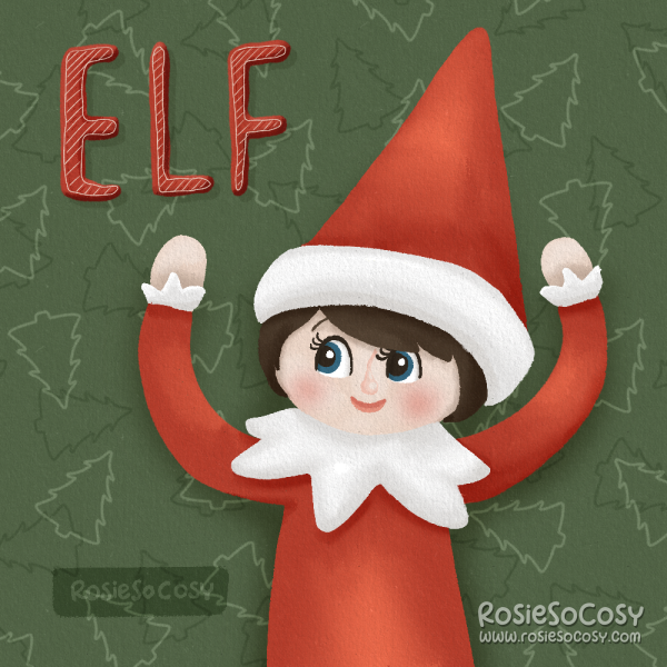 An illustration of a Christmas elf. Likes the ones from Elf on a Shelf. The elf is wearing a red and white outfit. Elf has light skin, and has kind, blue eyes and brown hair.