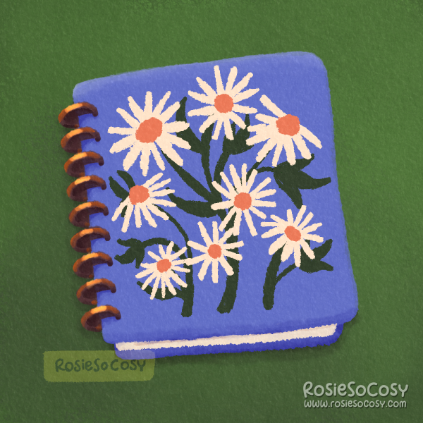 An illustration of a periwinkle planner with daisies on the front cover. It's supposed to be a classic size The Happy Planner.