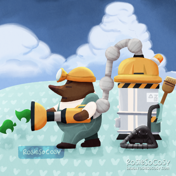 Illustration of Resetti, a character from the Animal Crossing video game series. Resetti is using his device to vacuum the island clean of objects and clutter, and storing them into the players storage for them.