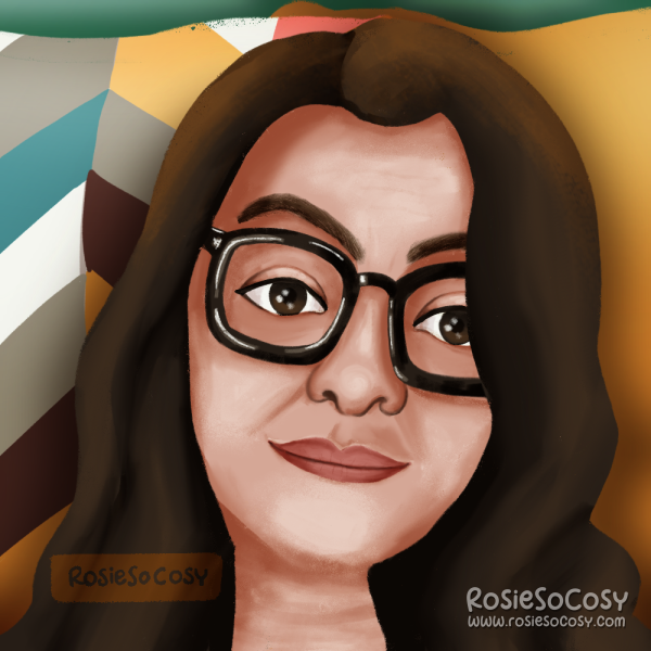 An attempt at a self portrait illustration of Rosie. Rosie has light to medium skin colour, dark brown hair, brown eyes, is wearing glasses with a thick black frame. Rosie is looking tired into the camera.