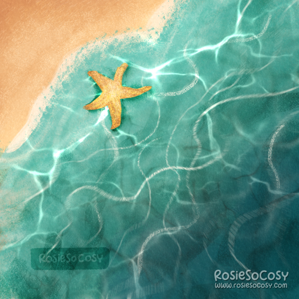 Illustration of a little bit of beach with a bit more sea. The sea turns from white foam into aqua, then into teal. There's a sea star in the water.
