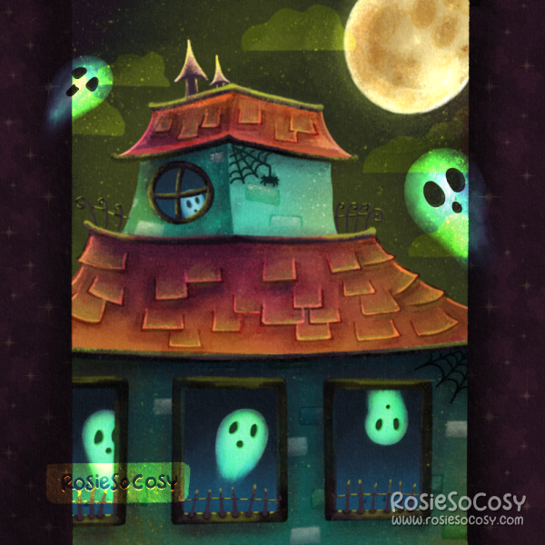 Illustration of a turquoise haunted house with orange rooftops, black gothic architectural details, and white ghosts roaming inside the building. The sky is dark and green.