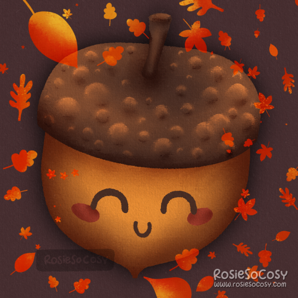 Illustration of an acorn with a cute face, surrounded by red and yellow fall leaves.