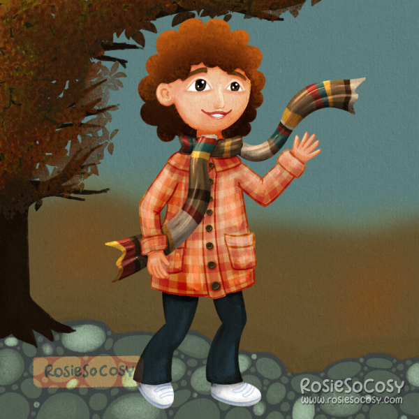 An illustration of someone wearing a scarf inspired by the striped scarf Tom Baker’s doctor in Doctor Who used to wear.