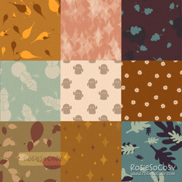 Illustration of a variety of patterns created by Rosie. Most patterns have leaves or flowers, a few have stars, snowmen, and Gyroids.