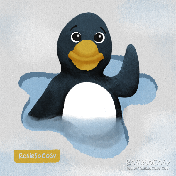 Illustration of a penguin in an opening in an icy lake. The penguin has an uncanny resemblance to Duckie, Rosie's yellow duck plushie. But instead of its usual yellow appearance, it's a black and white penguin.