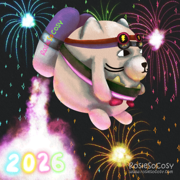 Illustration of a Chonky Cat flying through the sky amidst the fireworks. Chonky Cat is wearing a jetpack and wants to wish everyone a Happy New Year!