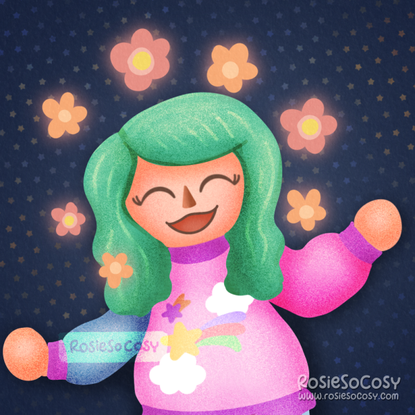Illustration of Rosie's character in Animal Crossing. She has light to medium skin, seafoam coloured wavy hair, is smiling with her eyes closed in glee, and she is wearing a mostly pink Dreamy Sweater whilst expressing the "glee" emotion, with peach coloured flowers all around her.