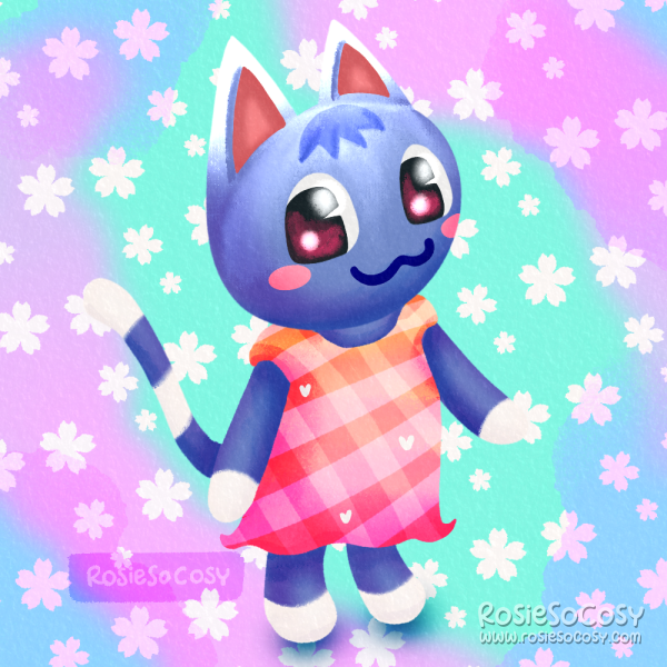 Illustration of Rosie, a cat villager from the Animal Crossing video game series. Rosie is a periwinkle peppy cat, she's wearing a pink gingham dress and she's surrounded by lots of cherry blossom leaves.