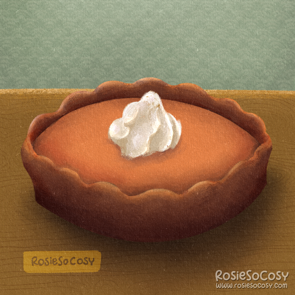 An illustration of pumpkin pie with a dollop of whipped cream on top. The pie is on a wooden table. In the background you can see a seafoam coloured wallpaper on the wall.