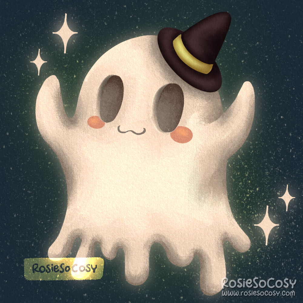 An illustration of a cute little floating ghost. Its eyes are hollow. Ghostie is wearing a black witch’s hat with a green ribbon. Around ghostie are sparkles.