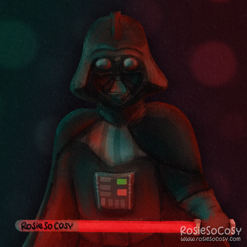An illustration of Darth Vader from Star Wars, in a threatening pose, holding a red lightsaber.