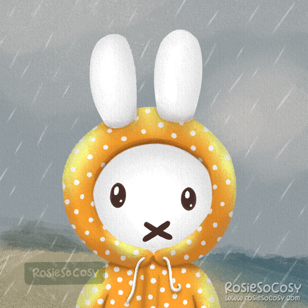 Illustration of Nijntje aka Miffy wearing a yellow rain coat with white polka dots. She is walking down the beach, as an homage to Coldplay’s videoclip of Yellow.