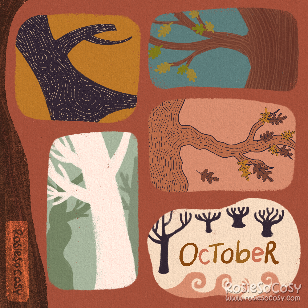 An illustration of several treescapes, all in a 50s and 60s art style.