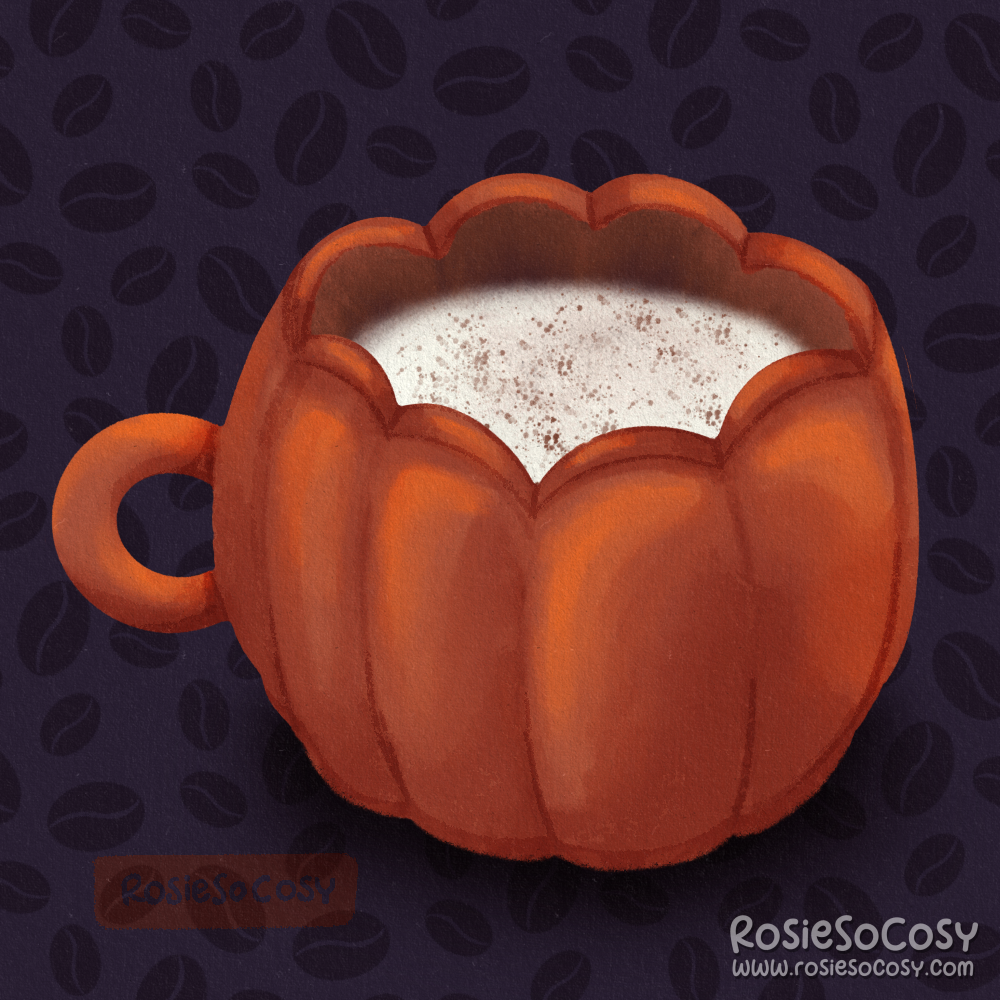 An illustration of a orange pumpkin shaped mug filled with a yummy latte caramel, with a foamy layer of soy milk and sprinkled with cinnamon.