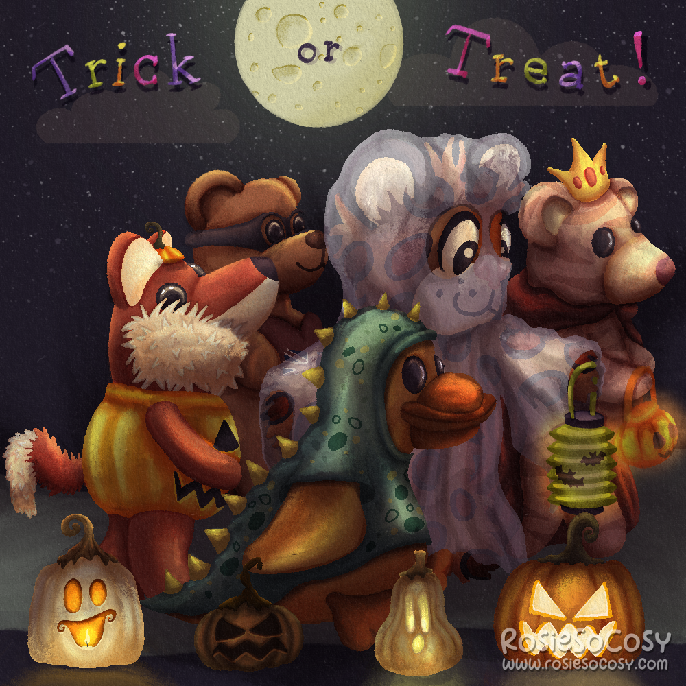 Illustration of 5 plush friends out trick or treating on Halloween. From left to right: Snif the Fox wearing a pumpkin costume, Beertje Bacon as a villain, Duckie as a dinosaur, Junior as a ghost, and Tijgertje as the Queen.