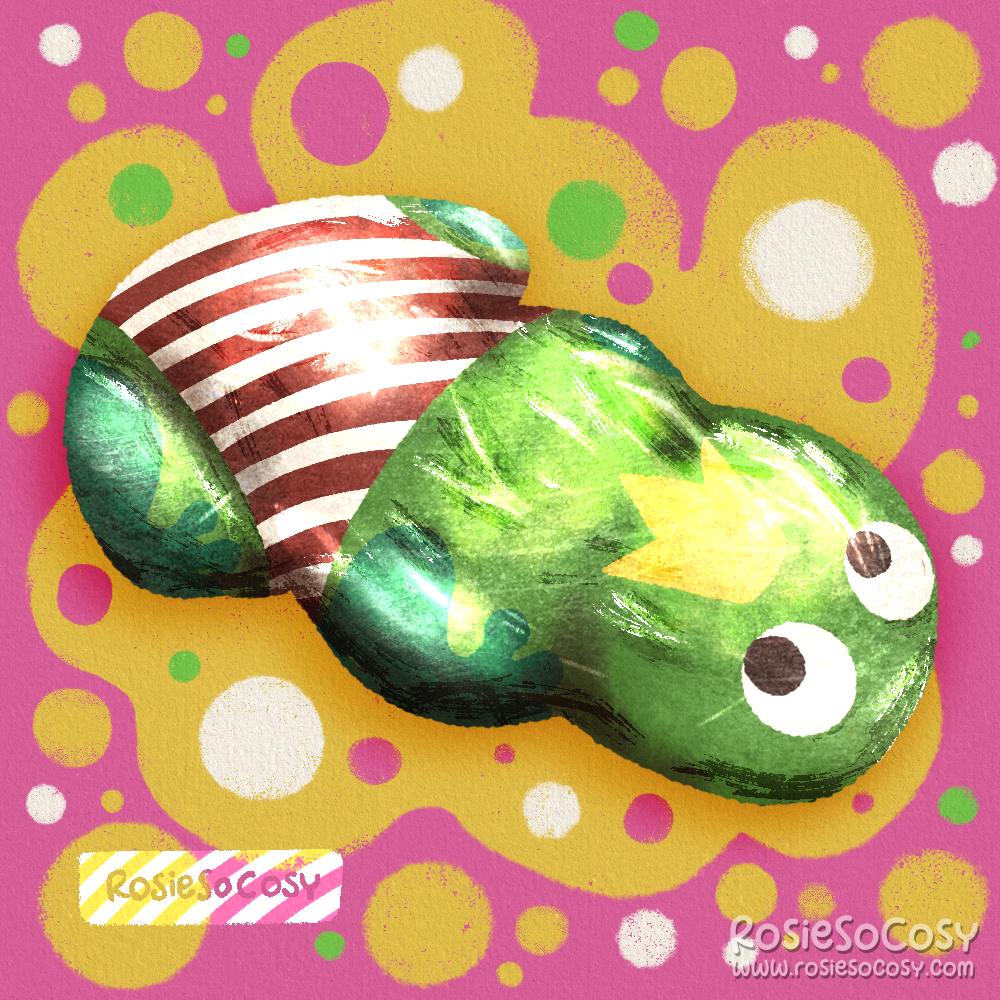 Illustration of a chocolate covered sugar frog candy, with green aluminium foil around it. Froggy is wearing a white and red striped bikini bottom, and a yellow crown.
