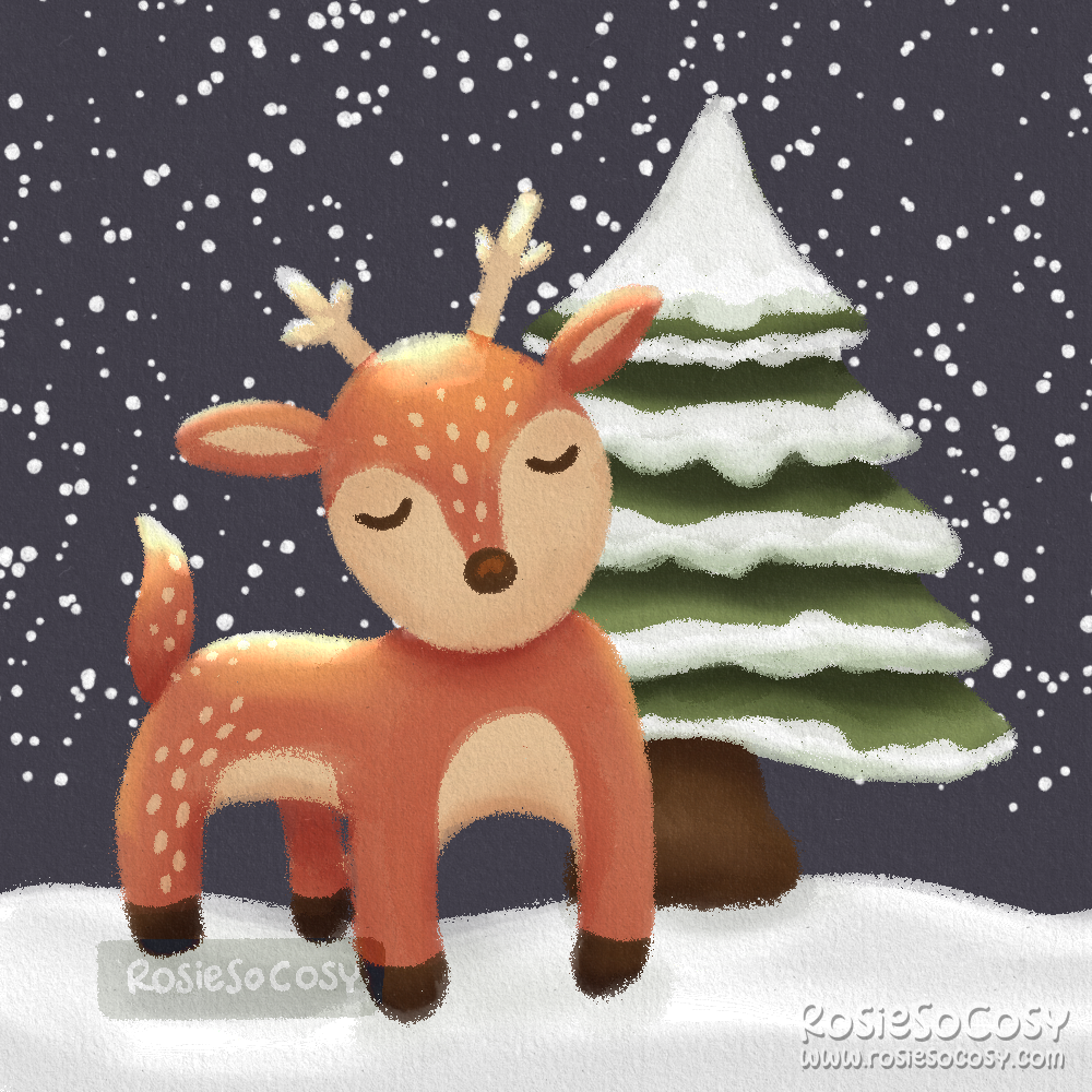 Illustration of a cute reindeer in a wintry forest. It is nighttime and it is snowing.