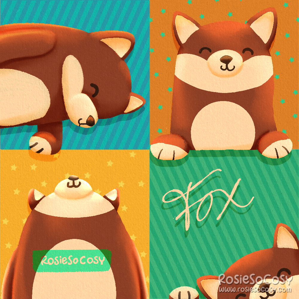 Illustration of 4 foxes, each in a different corner panel. Top left: fox sideways, looking down at the fox in the bottom left panel. Top right: fox looking at the viewer. Bottom left: fox looking up, at the fox in the top left panel. Bottom right: Fox peeping from the very bottom right corner and waving its paw. Above is the handwritten word “fox”
