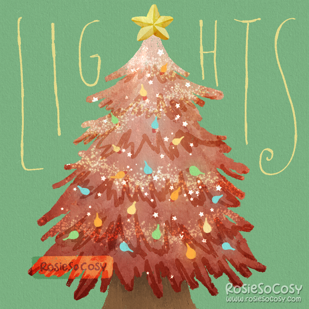 Illustration of a pink Christmas tree with colourful pastel lights all over, and a gold star topper. The background is green and has the letters L, I, G on the left, and the letters H, T, S on the right, spelling the word LIGHTS.