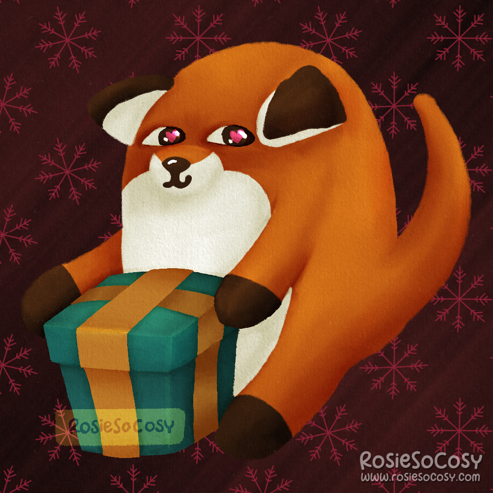 Illustration of a chonky orange fox, holding a teal and ochre present in its paws. The fox has pink hearts in its eyes, indicating a love for the gift it's holding.