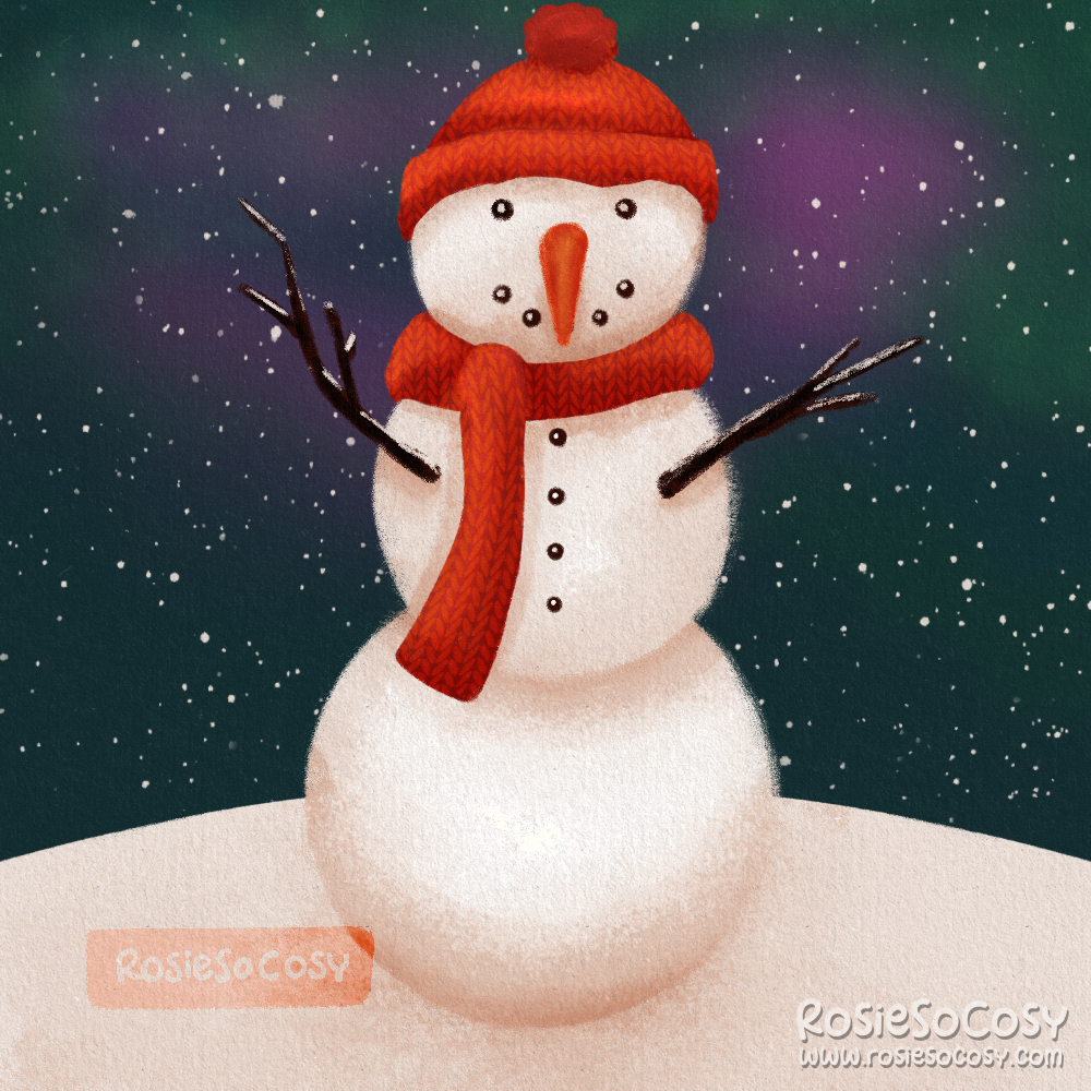 Illustration of a snowman wearing a red wooly hat, as well as a red scarf. It's night outside, and if you look closely, you can see Aurora Borealis in the background.